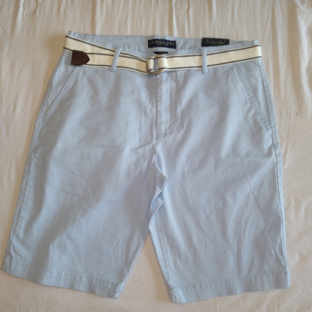 U.S. Polo Assn. Light Blue Flat-Front Chino Shorts with Cream Belt Summer Golf